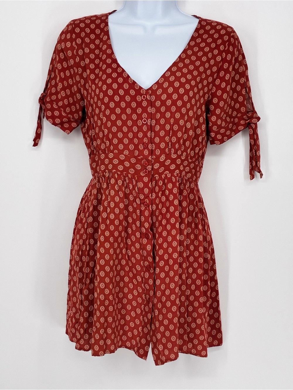 Sky and Sparrow Rust Orange Medallion Print Tie-Sleeve Button-Front Mini Dress M